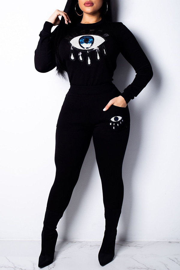 

Lovely Trendy Sequined Decorative Black Two-piece Pants Set