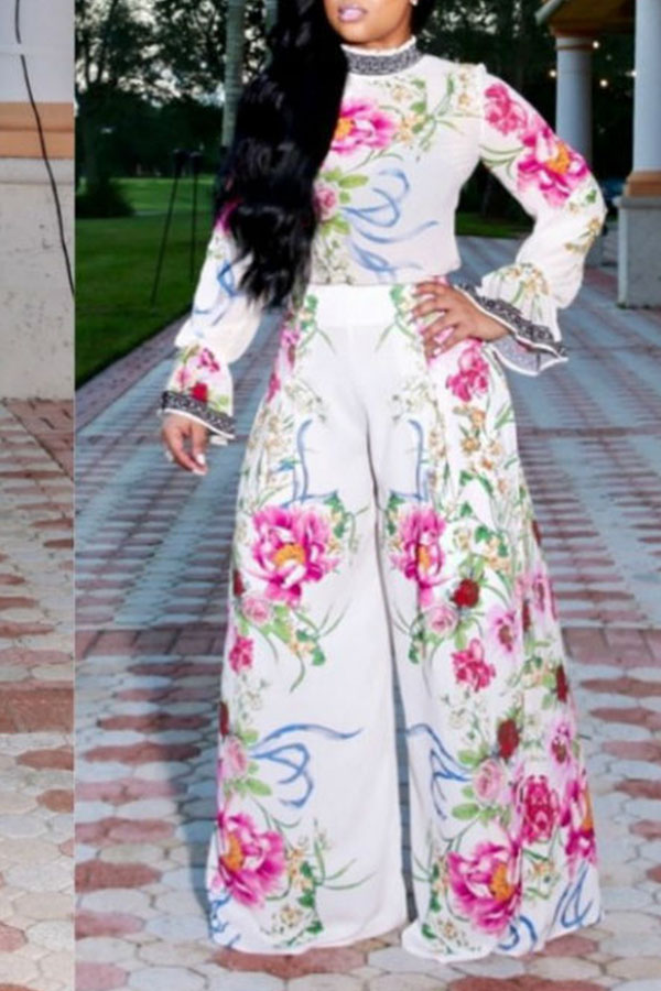 

Lovely Casual Floral Printed White Two-piece Pants Set