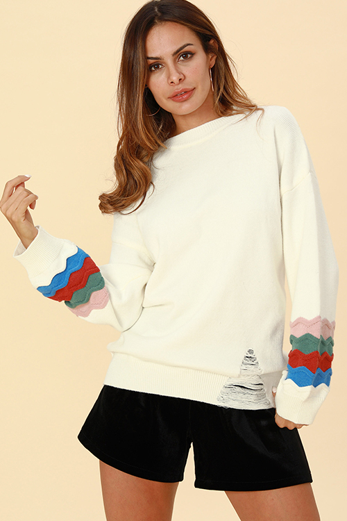 Lovely Chic Patchwork Loose White Cotton Sweaters