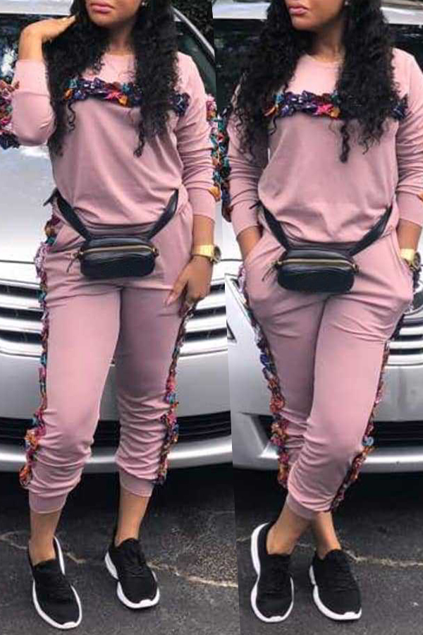 

Lovely Chic Patchwork Pink Twilled Satin Two-piece Pants Set