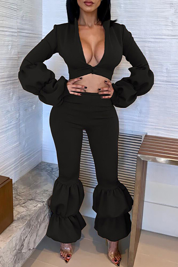 

Lovely Chic Puffed Sleeves Black Blending Two-piece Pants Set