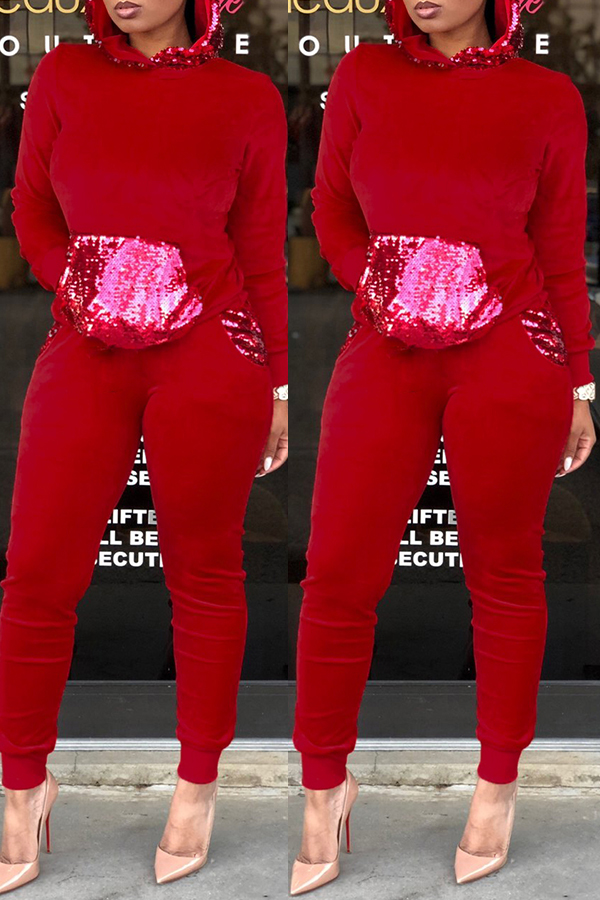 

Lovely Casual Sequined Decorative Red Two-piece Pants Set