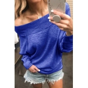 Lovely Casual Off-the-shoulder Blue Knitting Hoodi