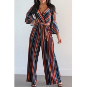 Lovely Casual Trumpet Sleeves Striped Patchwork Re