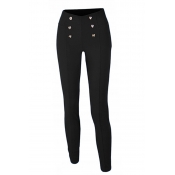 Lovely Fashion Buttons Black Knitting Skinny Pants