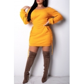 Lovely Casual Long Sleeves Lace-Up Yellow Mini Dre