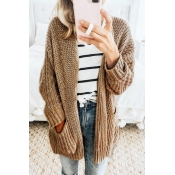 Lovely Casual Long Sleeves Pocket Khaki Sweater Ca