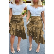 Lovely Sweet Flounce Design Gold PU Skirts