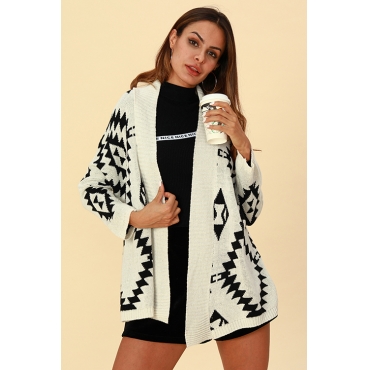 Lovely Casual Geometric Printed Creamy White Cardigan Sweaters