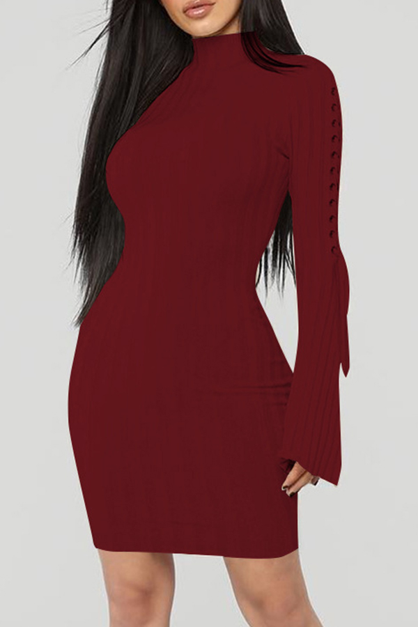 

Lovely Casual Lace-up Wine Red Mini Dress