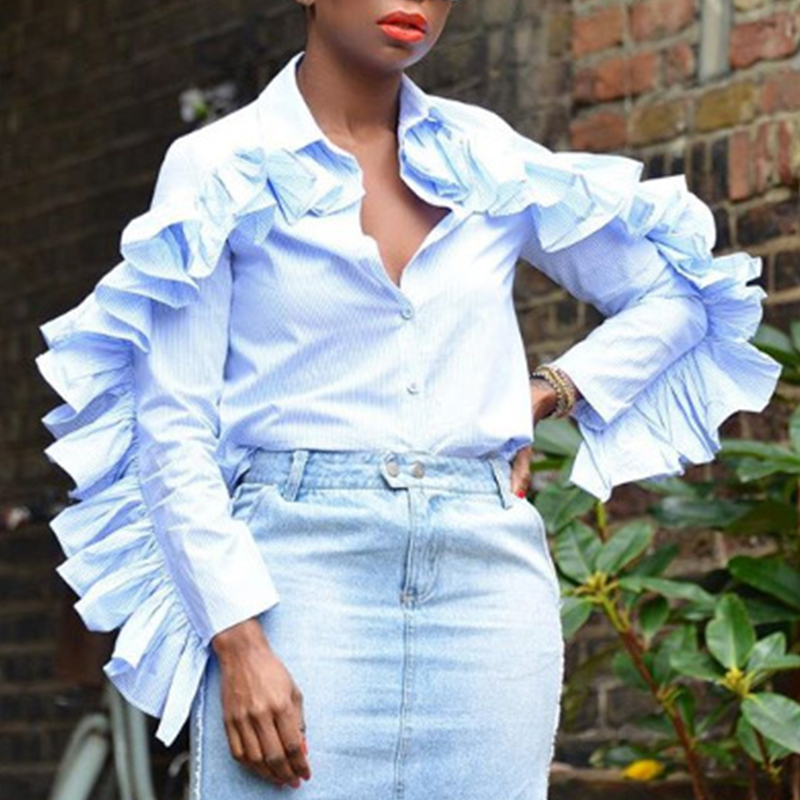 

Lovely Sweet Flounce Design Baby Blue Blending Blouses