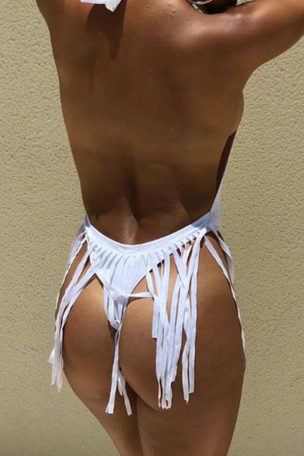 

Lovely Sexy Tassel Design White One-piece Swimwear