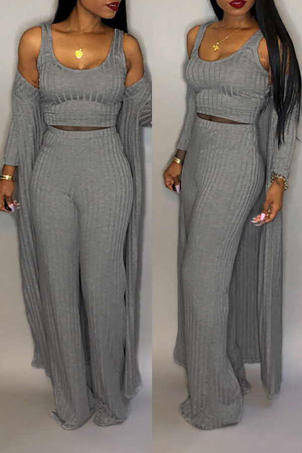 

Lovely Casual U Neck Grey Two-piece Pants Set (With Coat)