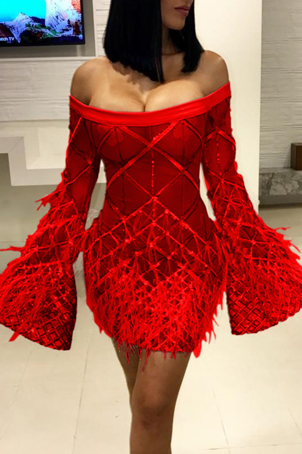 

Lovely Trendy Trumpet Sleeves Red Blending Mini Dress