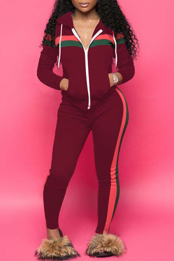 

Lovely Casual Striped Hooded Collar Wine Red Blending Two-piece Pants Set