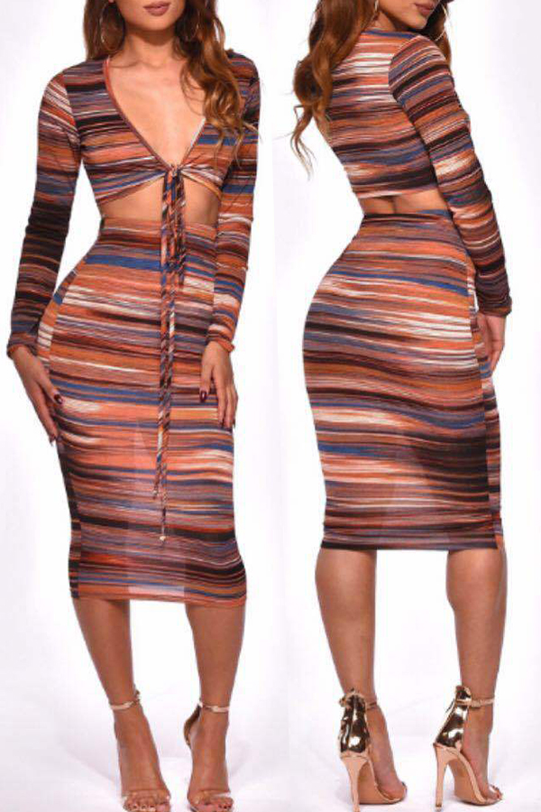 

Lovely Casual Skinny Multicolor Blending Two-piece Skirt Set