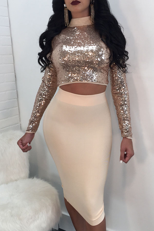 

Lovely Sexy Hollowed-out Gold Gauze Two-piece Skirt Set