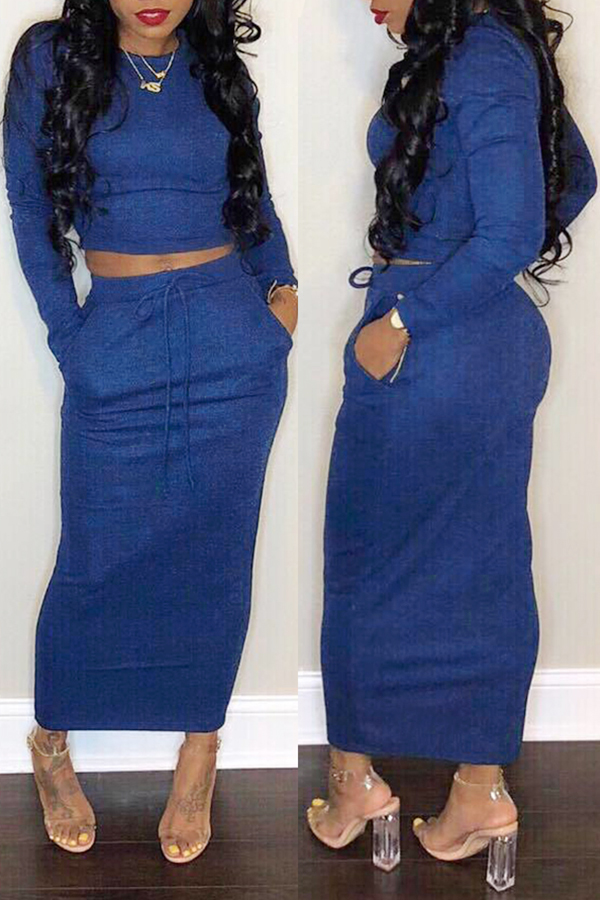 

Lovely Casual Long Sleeves Blue Cotton Two-piece Skirt Set