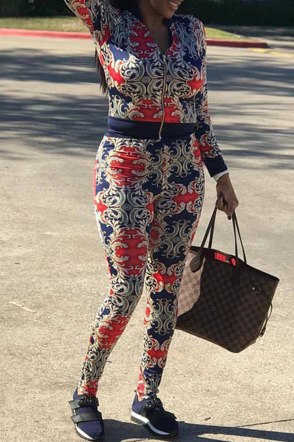 

Lovely Trendy Printed Dark Blue Blending Two-piece Pants Set