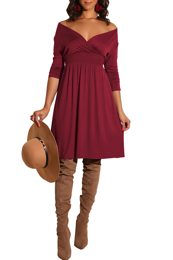 

Lovely Casual Long Sleeves Wine Red Knee Length Dress