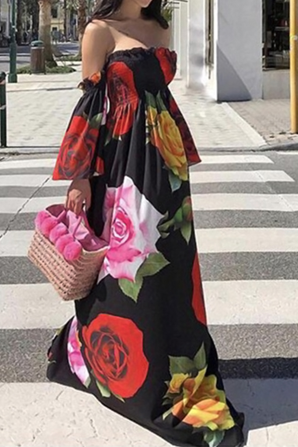 

Lovely Bohemian Dew Shoulder Black Floor Length Dress