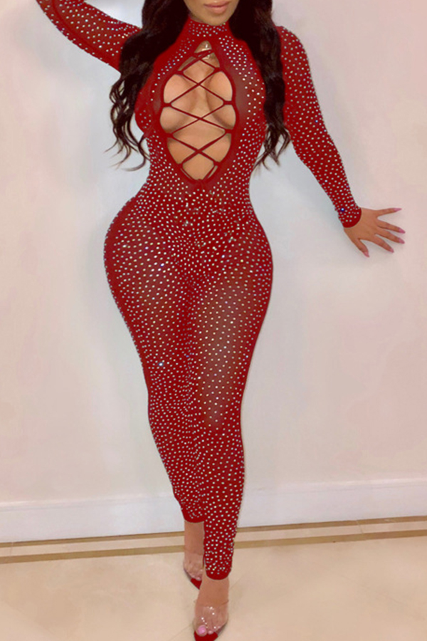 

Lovely Sexy Hollowed-out Red Knitting One-piece Jumpsuit