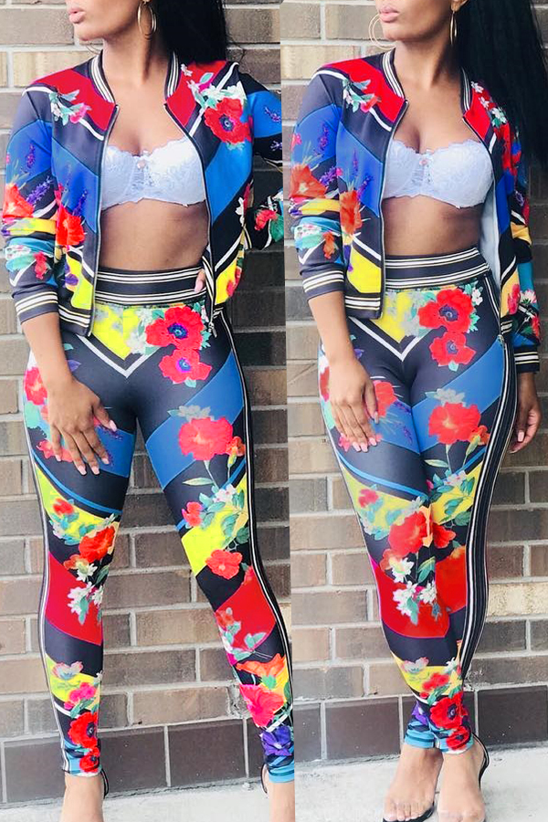 Lovely Casual Floral Printed Rose Red Two-piece Pants Set(Non Positioning Printing)