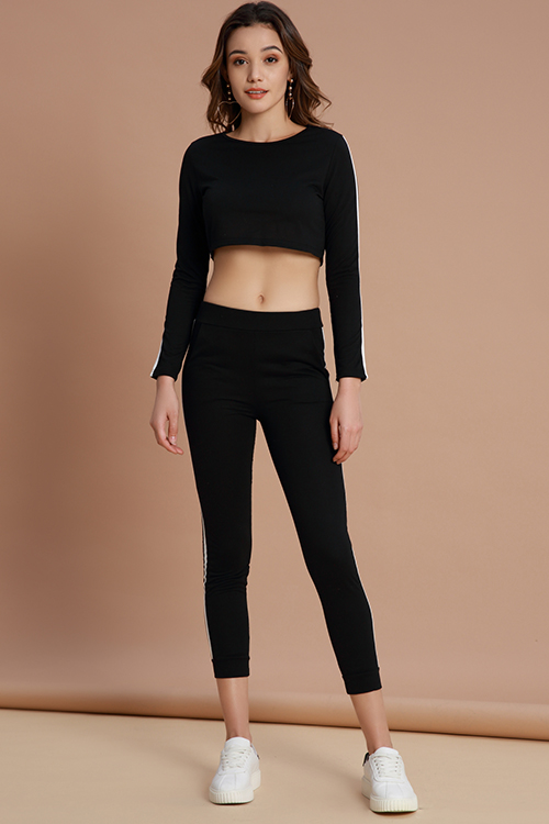 

Lovely Sportswear Striped Black Cotton Two-piece Pants Set