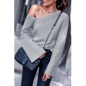 Lovely Chic Dew Shoulder Light Grey Cotton Sweater