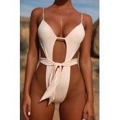 Lovely Sexy Lace-up White One-piece Swimwear