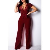 Lovely Trendy Patchwork Wine Red One-piece Jumpsui