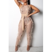 Lovely Casual Tassel Design Apricot Lace One-piece