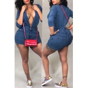 Lovely Casual Skinny Blue Denim One-piece Rompers