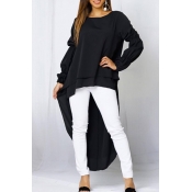 Lovely Casual Asymmetrical Black Twilled Satin T-s
