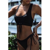 Lovely Trendy Lace-up Black Two-piece Swimwears