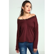 Lovely Casual Patchwork Wine Red Sweaters