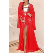 Lovely Casual Long Red Chiffon CoverUps