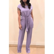 Lovely Casual Lace-up Purple Two-piece Pants Set
