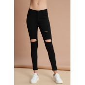 Lovely Casual Hollowed-out Black Denim Jeans