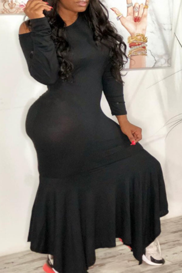 

Lovely Casual Flounce Design Black Ankle Length Dress