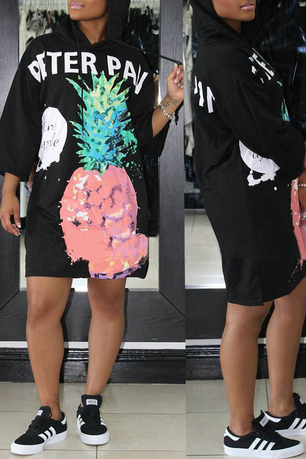 

Lovely Casual Pineapple Printed Black Blending Knee Length Dress
