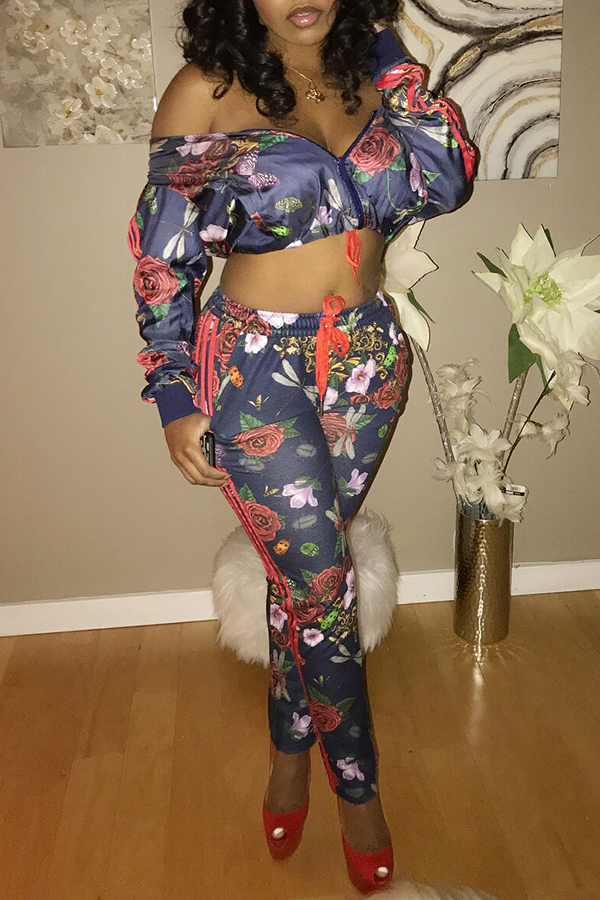 

Lovely Casual Floral Printed Blue Twilled Satin Two-piece Pants Set