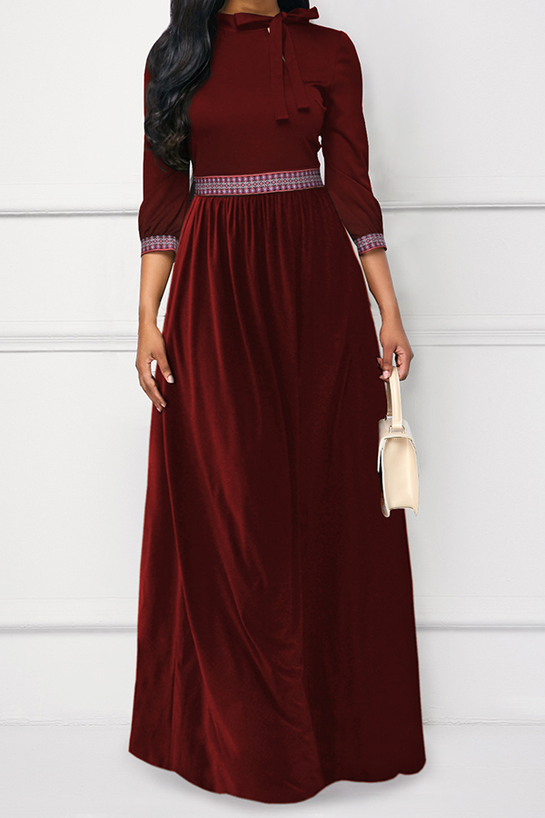 

Lovely Temperament Patchwork Wine Red Twilled Satin Floor Length Dress