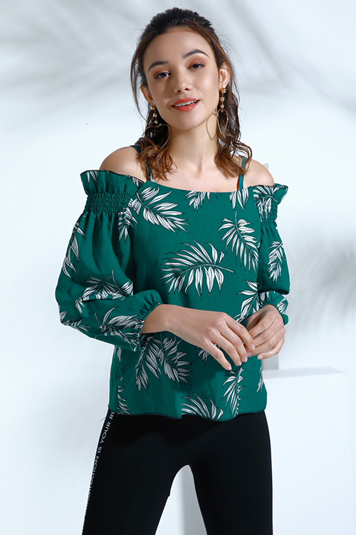 

Lovely Bohemian Dew Shoulder Green Cotton Blends Blouses