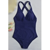 Lovely Sexy Backless Dark Blue One-piece Swimwears