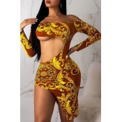 Lovely Sexy Hollowed-out Gold Knee Length Dress