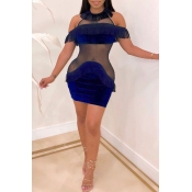 Lovely Sexy See-through Patchwork Blue Mini Dress
