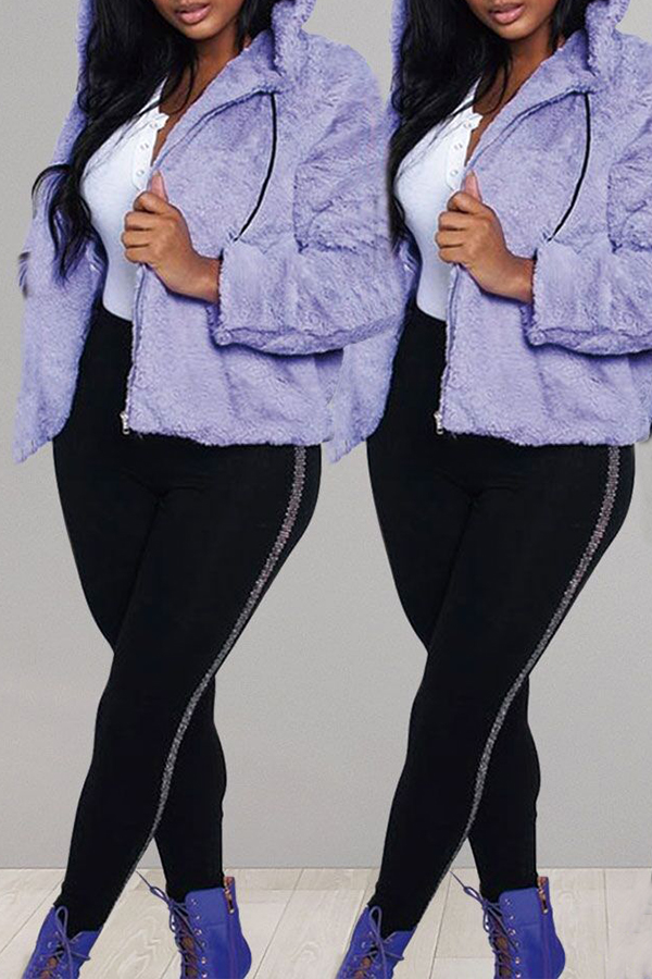 

Lovely Casual Hooded Collar Purple Coat