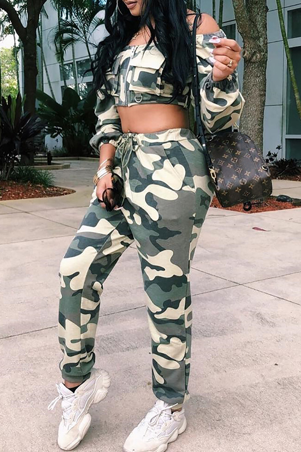 

Lovely Casual Printed Camouflage Blending Two-piece Pants Set