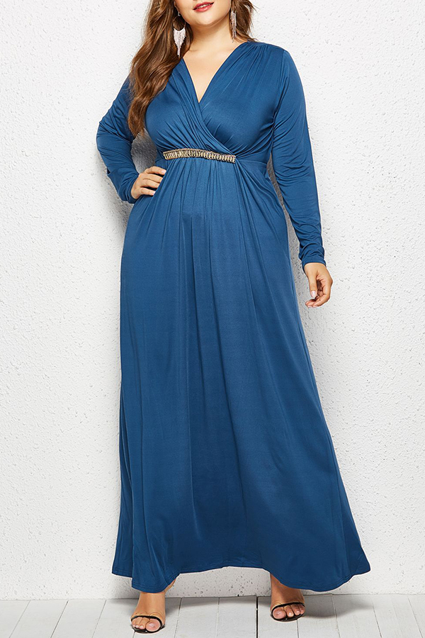 

Lovely Casual Long Sleeve Loose Blue Floor Length Dress